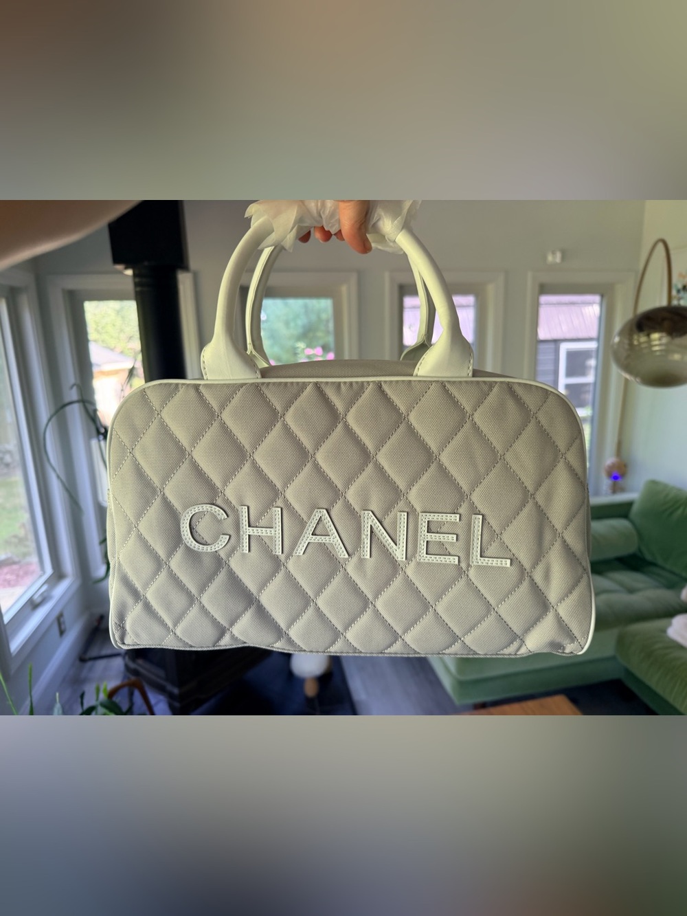 FULL SET NEW in Box Chanel Grey Canvas Mini Boston Bowling Bag w Silver Hardware